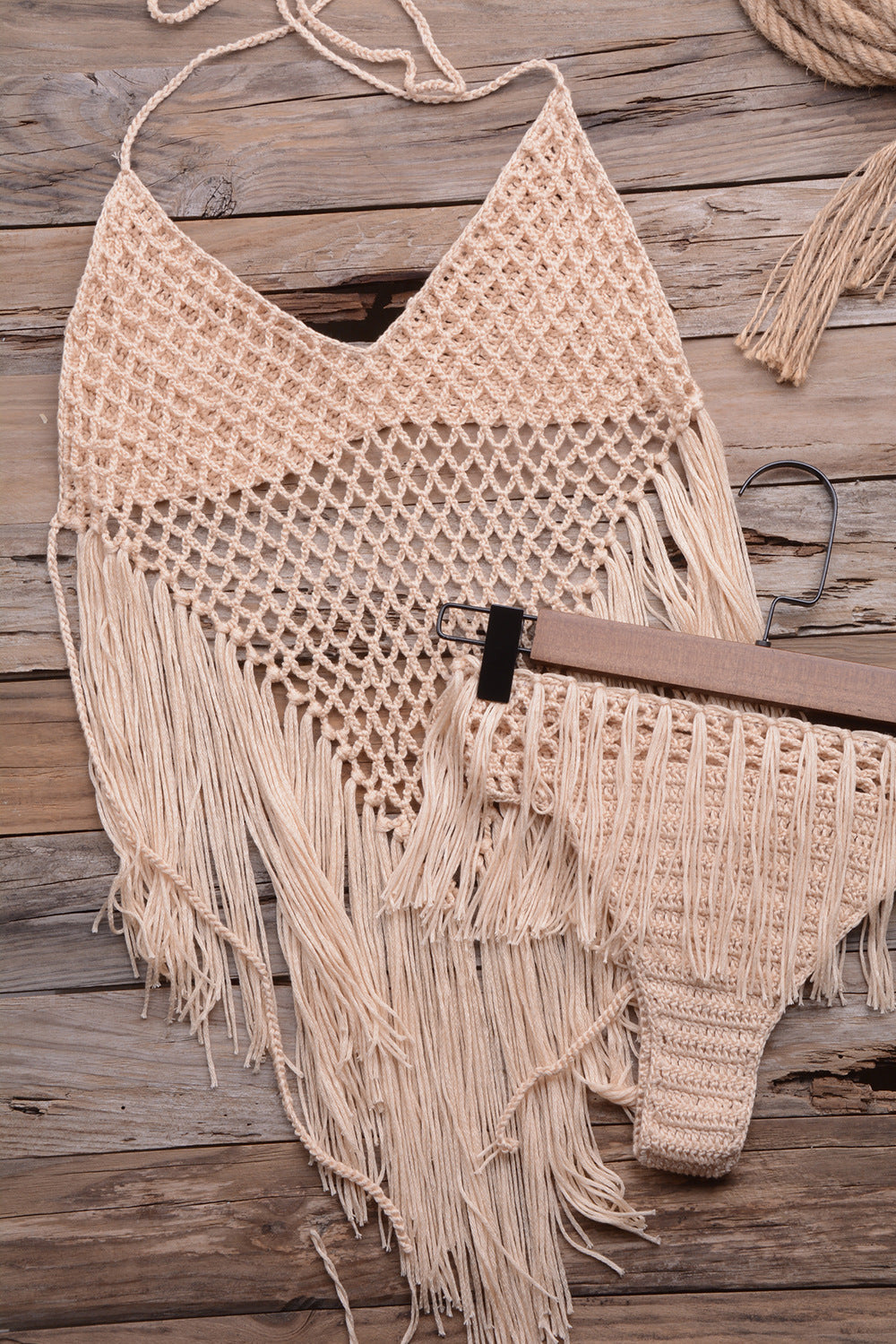 Internet Hand Woven Beach Hollow Out Cutout Tassel Split Swimsuit Set Factory Direct Bella Mia