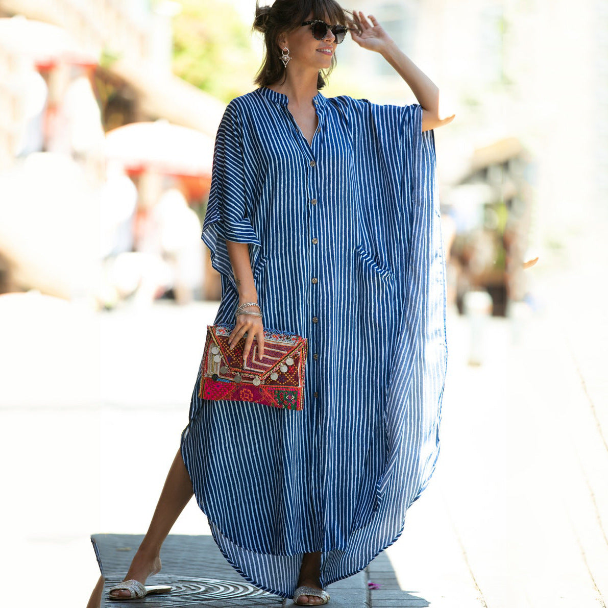 Beach Cover-up Elastic Printing Oversized Button Vacation Robe Bella Mia