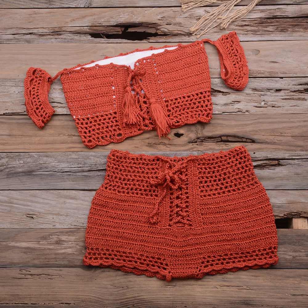 Sexy Strap Hand Crocheting Woven Hollowed Bikini Split Swimsuit Bella Mia