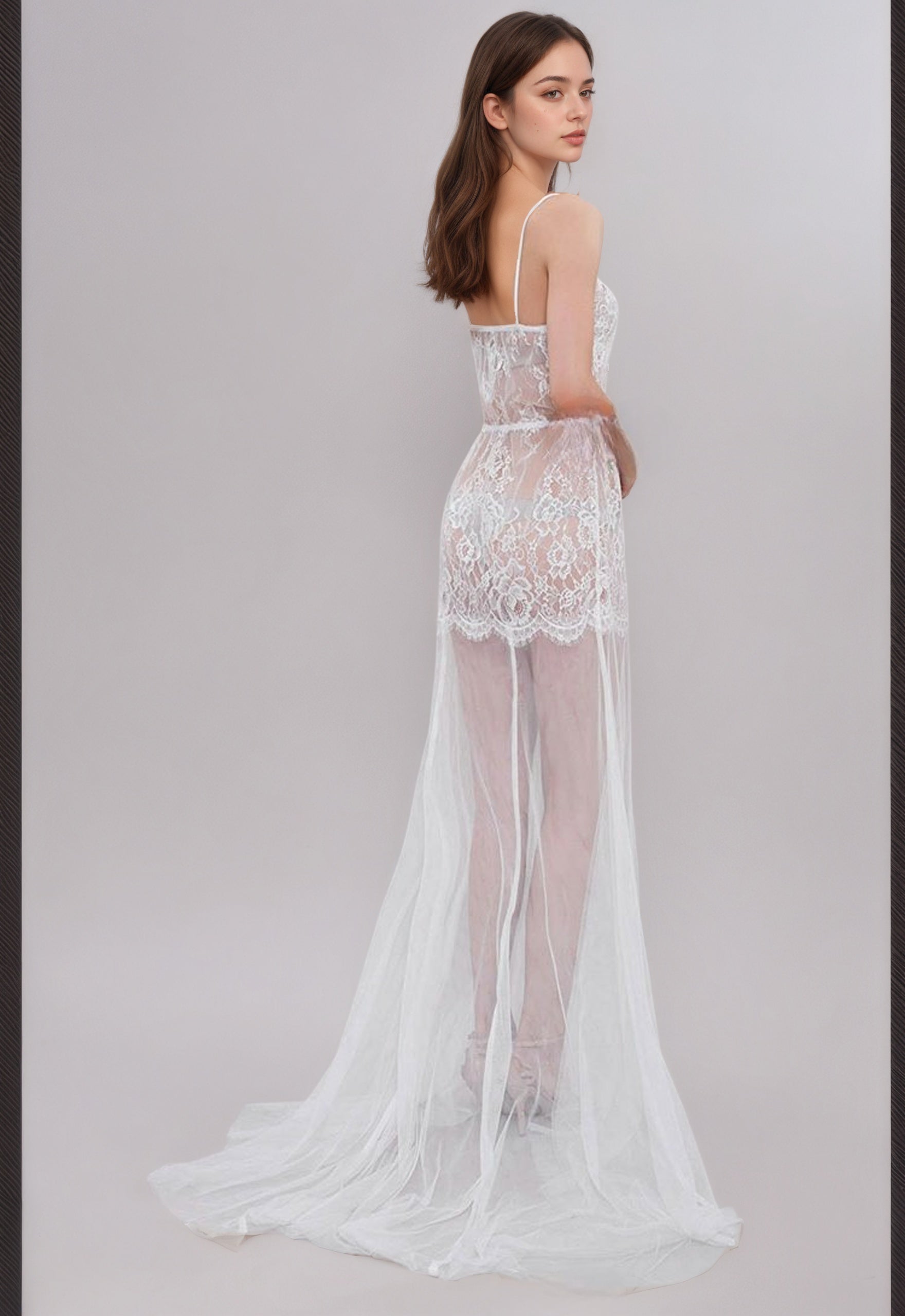 Ethereal Lace Sheer Long Robe with Flowing Train – Elegant Bridal Boudoir Gown SelenaHuanStudio