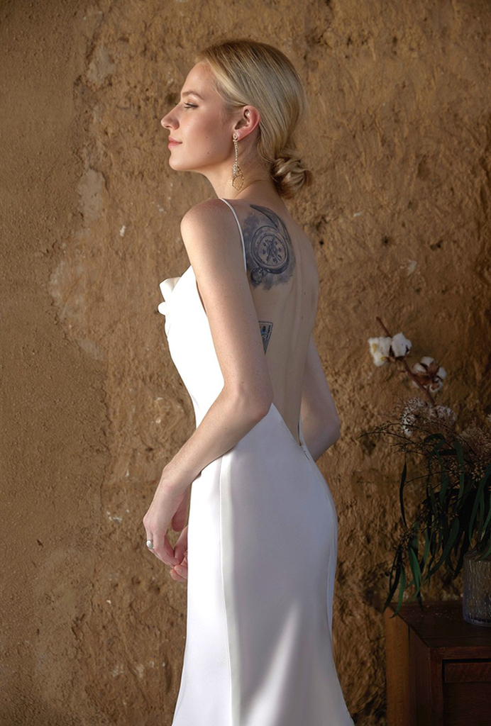 Romantic Draped Cowl Neck Satin Wedding Dress with Low Back and Train