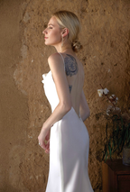 Romantic Draped Cowl Neck Satin Wedding Dress with Low Back and Train SelenaHuanStudio