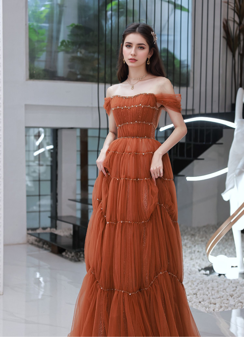 Tiered Tulle Off-Shoulder Gown with Crystal Beading
