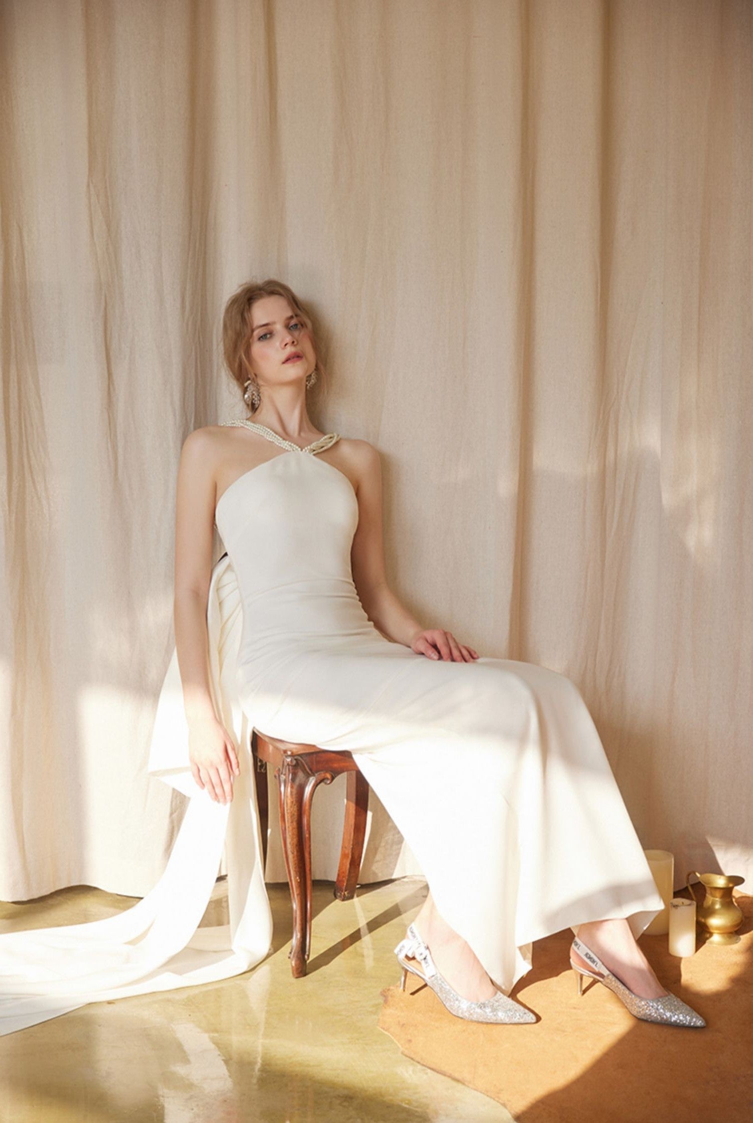 Pearl Strap Halter Satin Wedding Dress with Dramatic Back Bow and Train SelenaHuanStudio