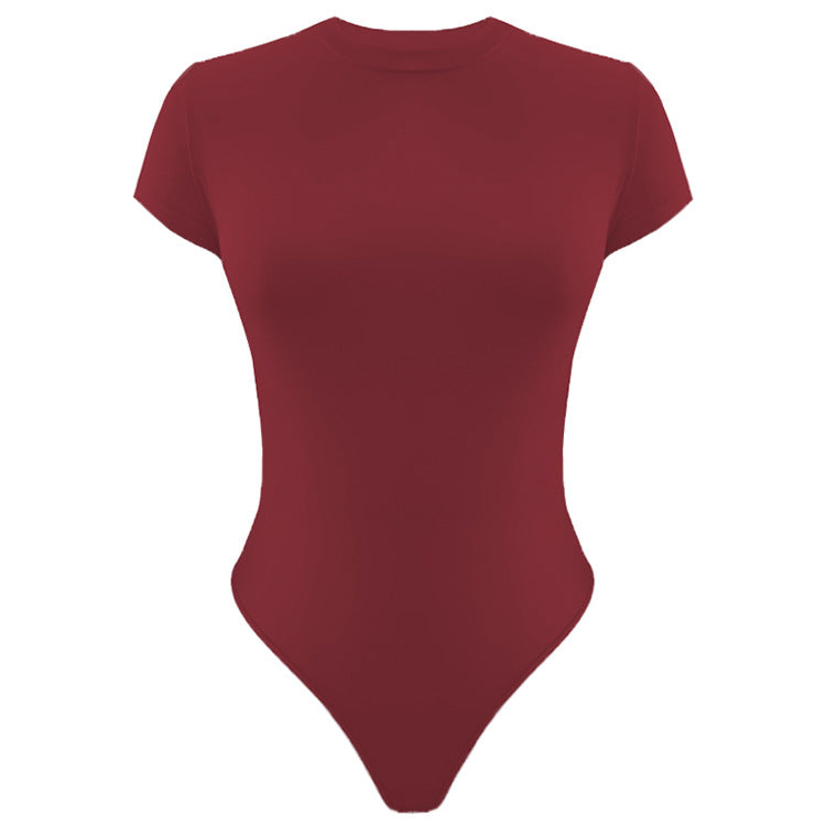 Solid Color Bottoming WomenClothing Basic Casual Short Sleeve round Neck Tight Bodysuit Summer Bella Mia