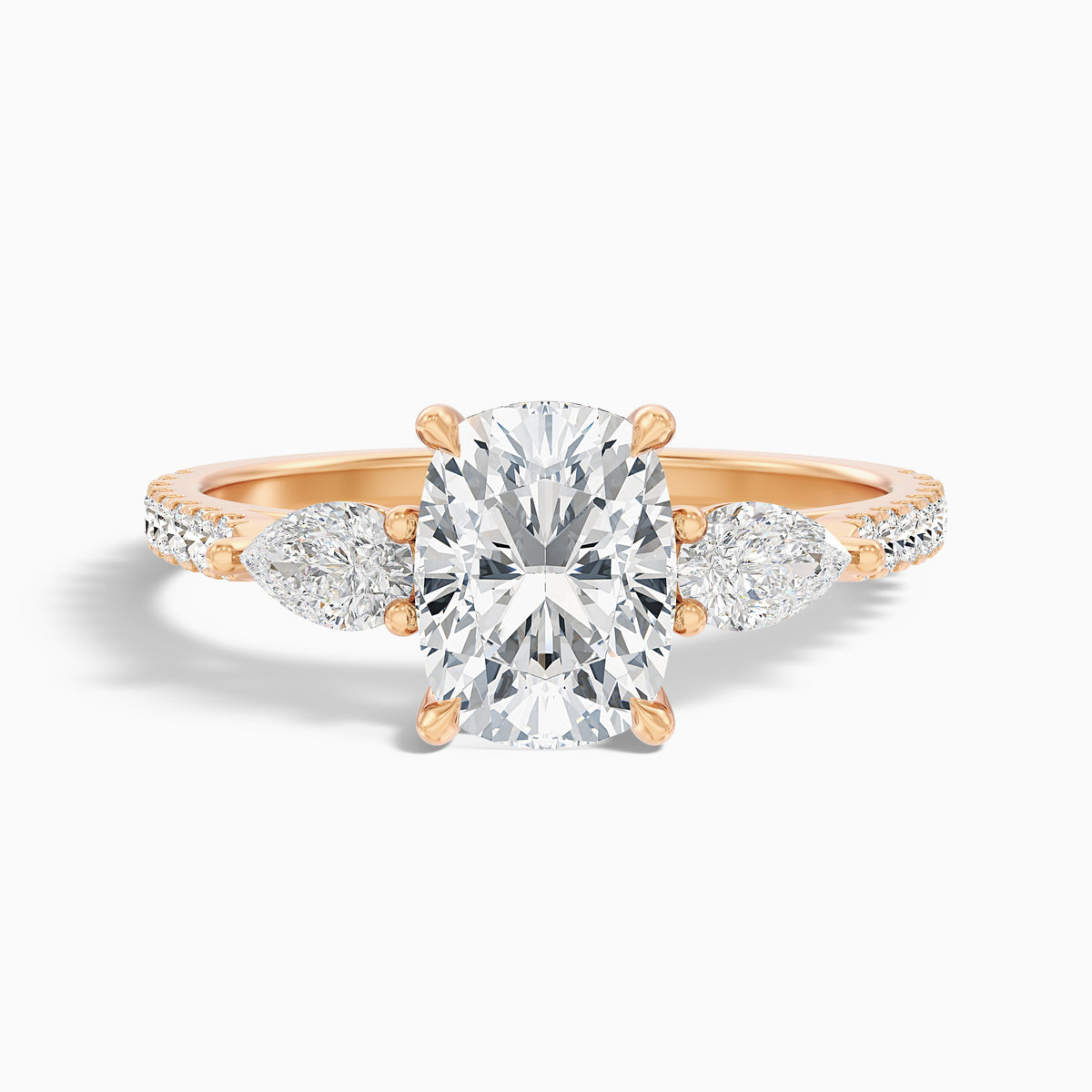 Ivana 1.5 Carat Three Stone Pave Ring with Pear Side Stones and an Elongated Cushion Moissanite Diamond in 925 Sterling Silver