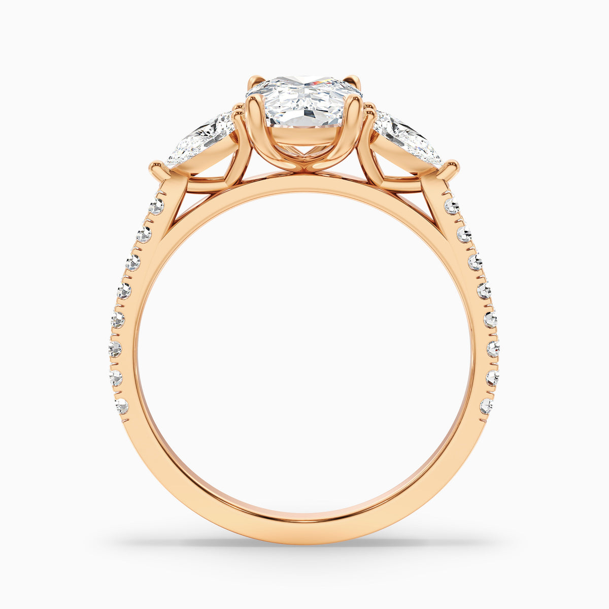Ivana 1 Carat Three Stone Pave Ring with Pear Side Stones and an Elongated Cushion Lab Grown Diamond in 10k Yellow Gold
