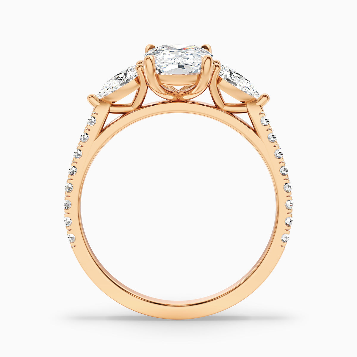 Ivana 1.5 Carat Three Stone Pave Ring with Pear Side Stones and an Elongated Cushion Moissanite Diamond in 925 Sterling Silver