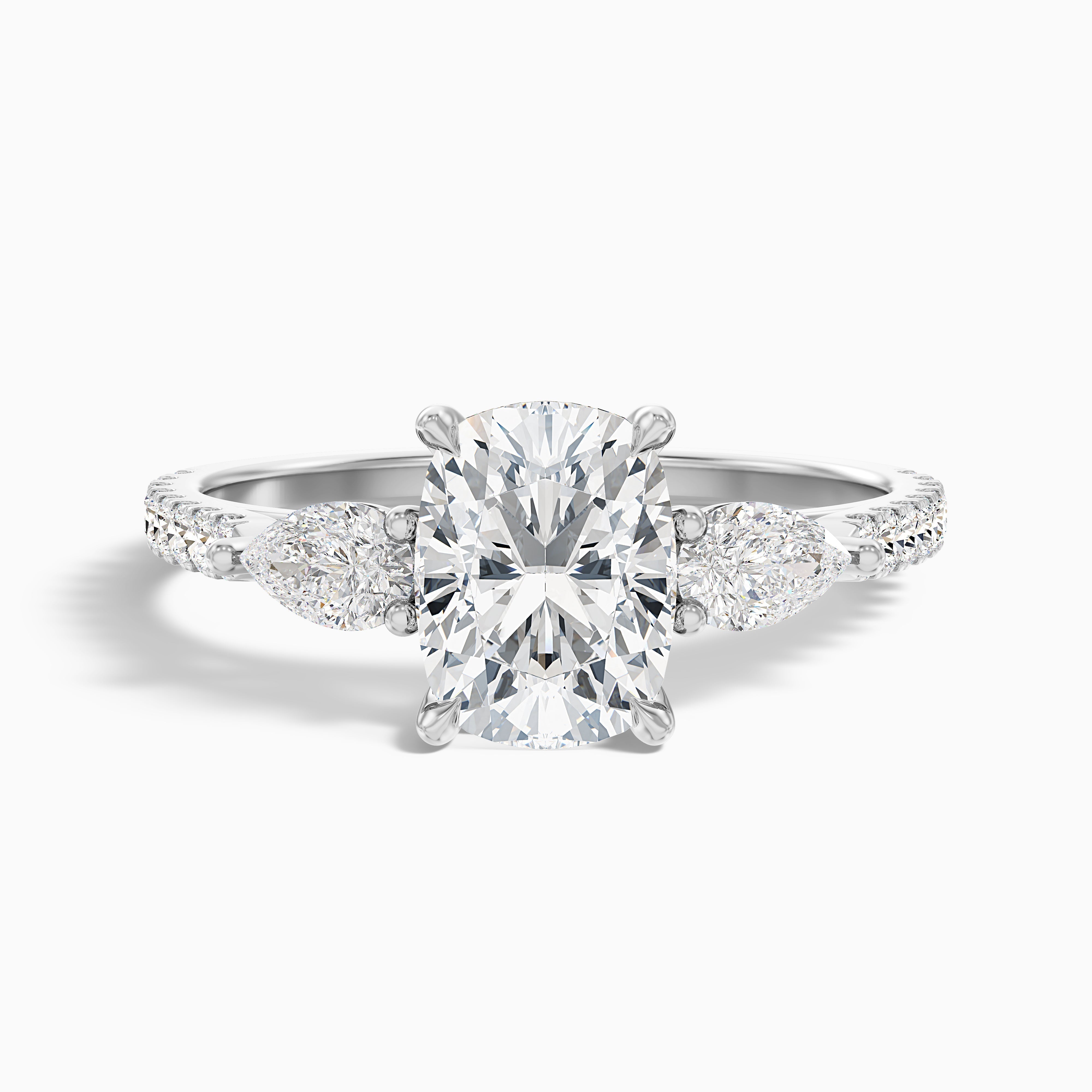 Ivana 1.5 Carat Three Stone Pave Ring with Pear Side Stones and an Elongated Cushion Moissanite Diamond in 925 Sterling Silver