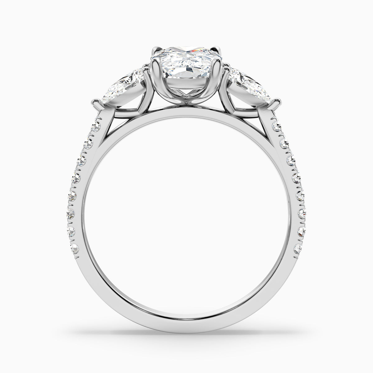 Ivana 1 Carat Three Stone Pave Ring with Pear Side Stones and an Elongated Cushion Lab Grown Diamond in 10k Yellow Gold