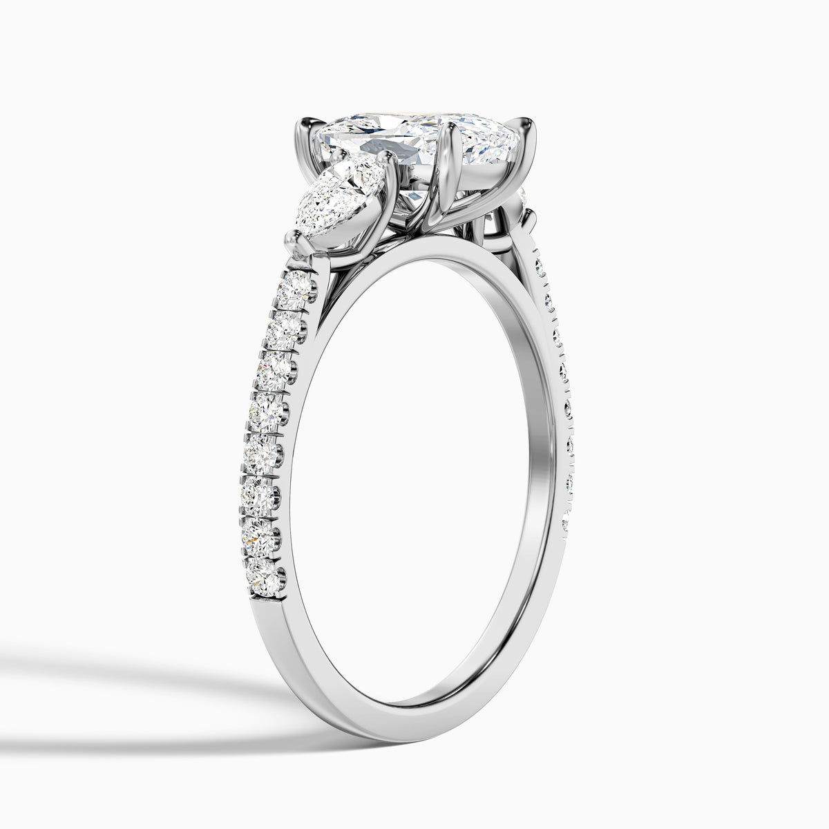 Ivana 1.5 Carat Three Stone Pave Ring with Pear Side Stones and an Elongated Cushion Moissanite Diamond in 925 Sterling Silver
