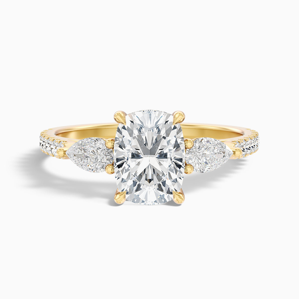 Ivana 1 Carat Three Stone Pave Ring with Pear Side Stones and an Elongated Cushion Lab Grown Diamond in 10k Yellow Gold