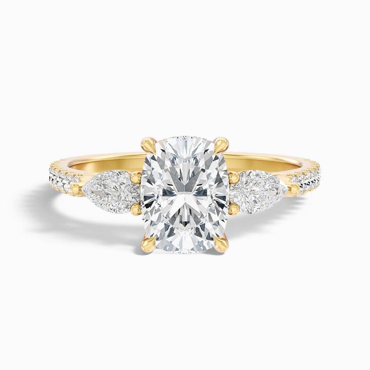 Ivana 1.5 Carat Three Stone Pave Ring with Pear Side Stones and an Elongated Cushion Moissanite Diamond in 925 Sterling Silver