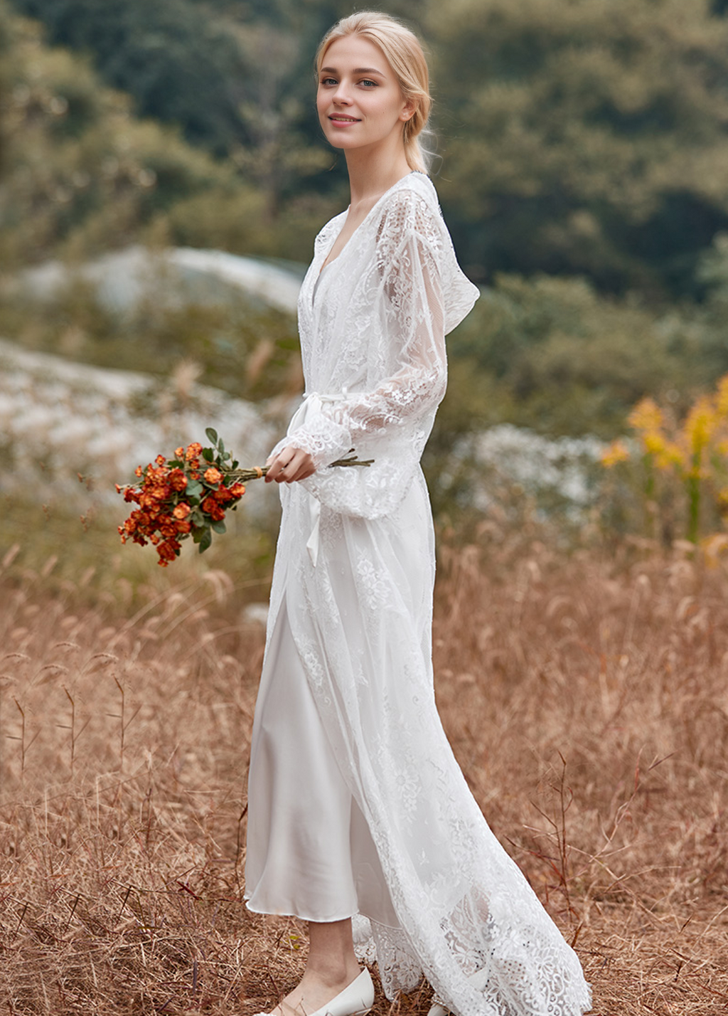 Romantic Floral Lace Hooded Bridal Robe Set – Long Sheer Lace Cover-Up with Satin Slip SelenaHuanStudio