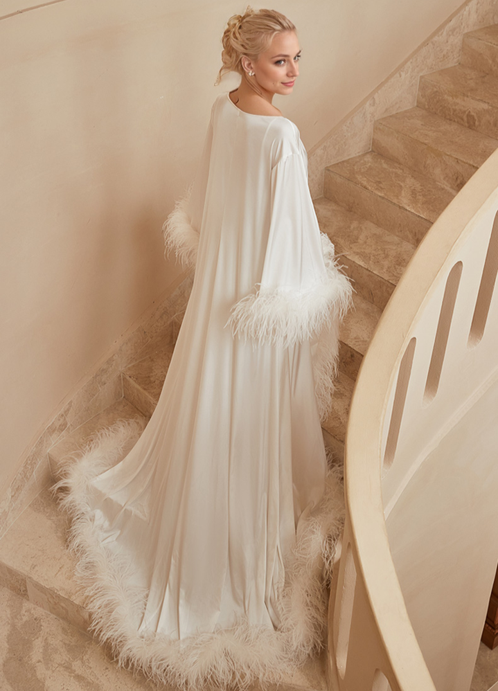 Luxury Thick Ostrich Feather Floor-Length Satin Robe with Train – Elegant Bridal Loungewear SelenaHuanStudio