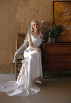 Romantic Draped Cowl Neck Satin Wedding Dress with Low Back and Train SelenaHuanStudio