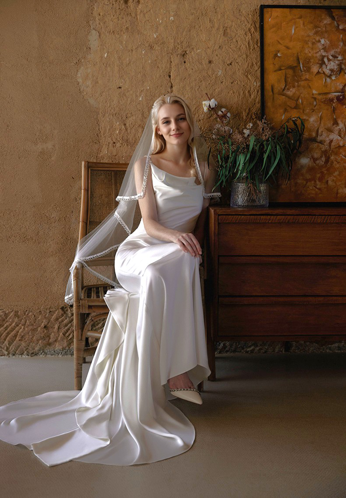 Romantic Draped Cowl Neck Satin Wedding Dress with Low Back and Train SelenaHuanStudio