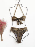 Metallic Coated Fabric Bikini Double Swimsuit Bow Bikini Gold Silk Swimsuit High Waist Swimsuit Bella Mia