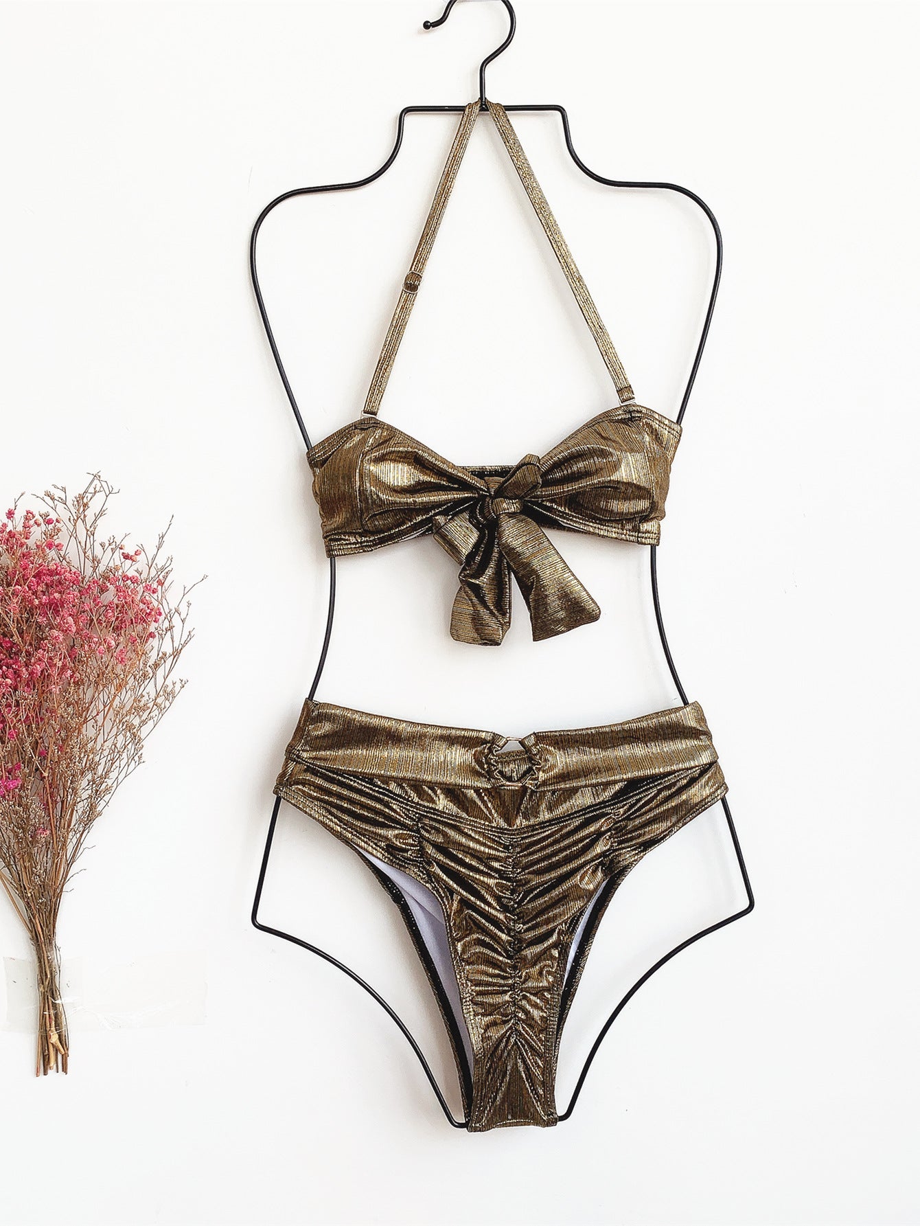 Metallic Coated Fabric Bikini Double Swimsuit Bow Bikini Gold Silk Swimsuit High Waist Swimsuit Bella Mia