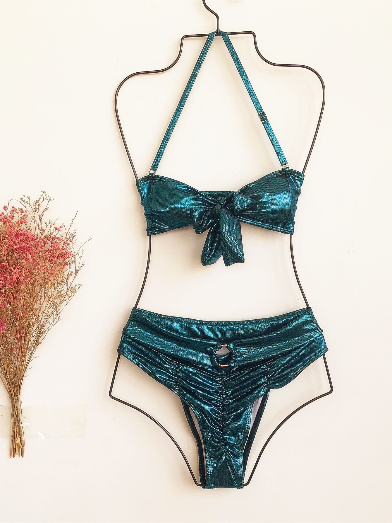 Metallic Coated Fabric Bikini Double Swimsuit Bow Bikini Gold Silk Swimsuit High Waist Swimsuit Bella Mia