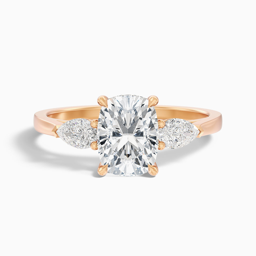 Haley 2.5 Carat Three Stone Ring with Pear Side Stones and an Elongated Cushion Lab Grown Diamond in 14k Yellow Gold