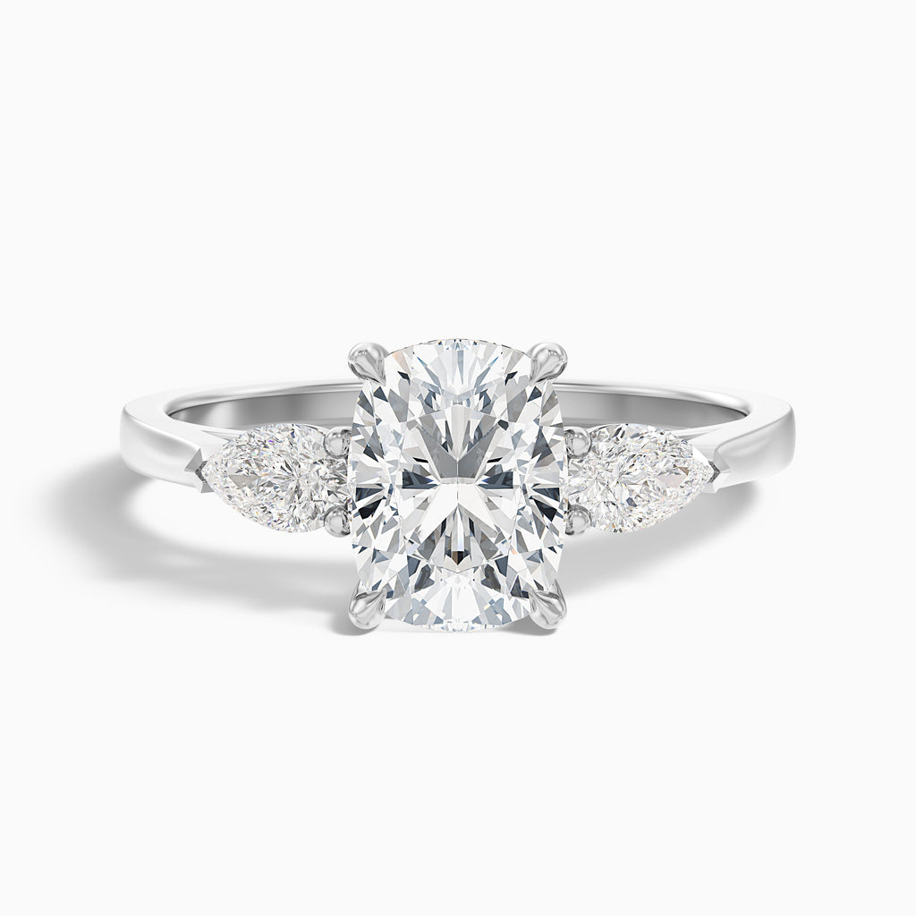 Haley 2.5 Carat Three Stone Ring with Pear Side Stones and an Elongated Cushion Lab Grown Diamond in 14k Yellow Gold