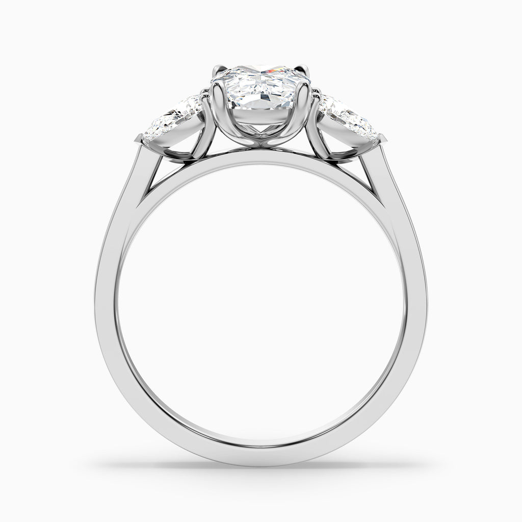 Haley 2.5 Carat Three Stone Ring with Pear Side Stones and an Elongated Cushion Lab Grown Diamond in 14k Yellow Gold