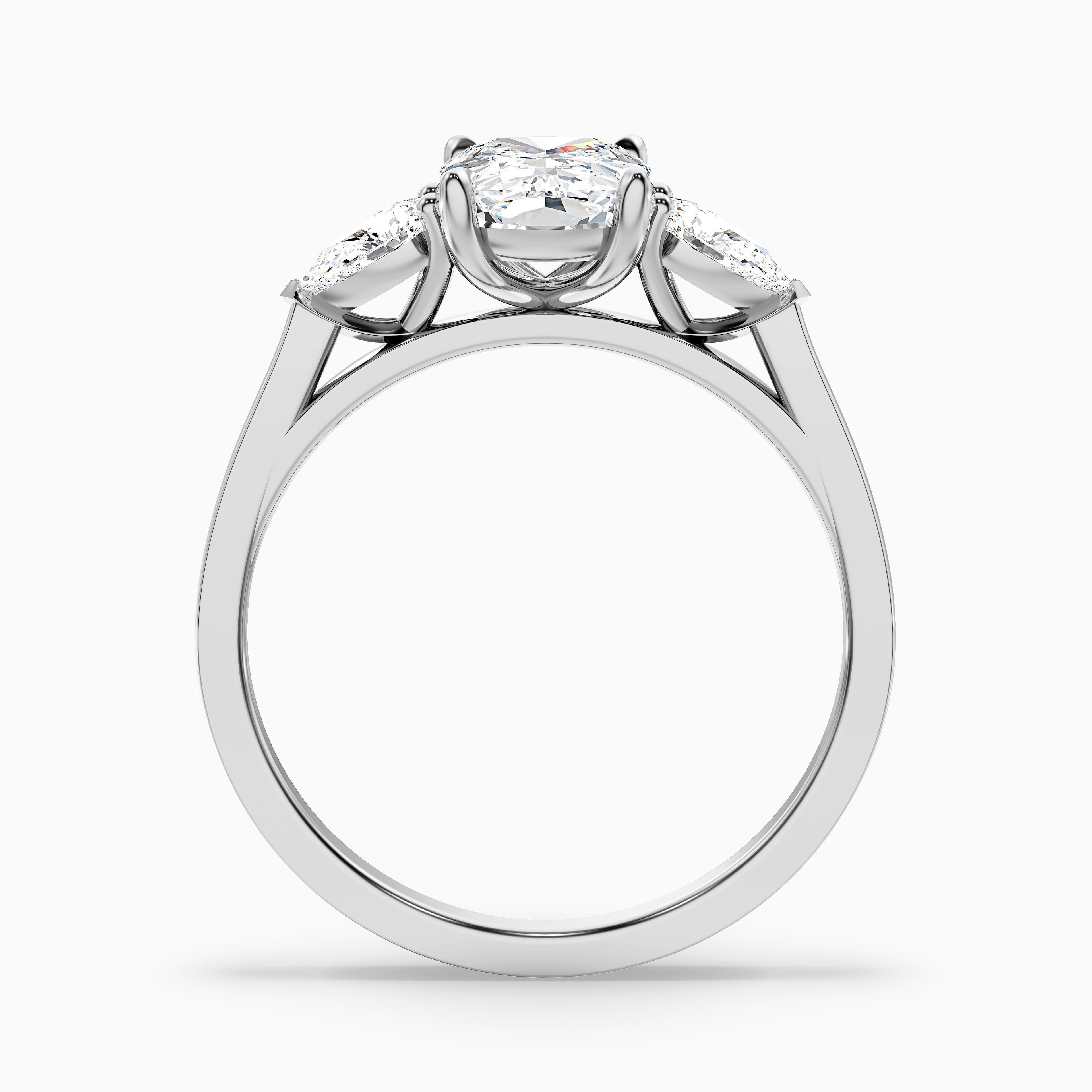 Haley 2.5 Carat Three Stone Ring with Pear Side Stones and an Elongated Cushion Lab Grown Diamond in 14k Yellow Gold