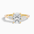 Haley 2.5 Carat Three Stone Ring with Pear Side Stones and an Elongated Cushion Lab Grown Diamond in 14k Yellow Gold
