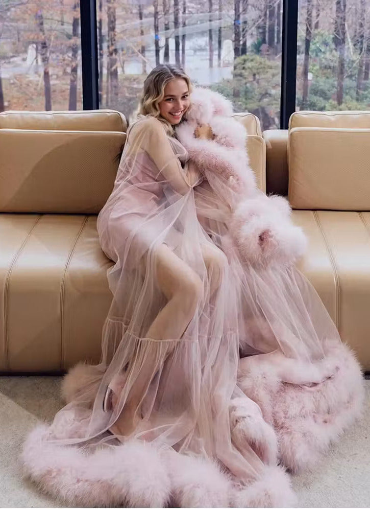 2-Layer Thick Feather Tulle Robe Set – Luxury Photoshoot / Holiday Glam Gown (Multi-Color)