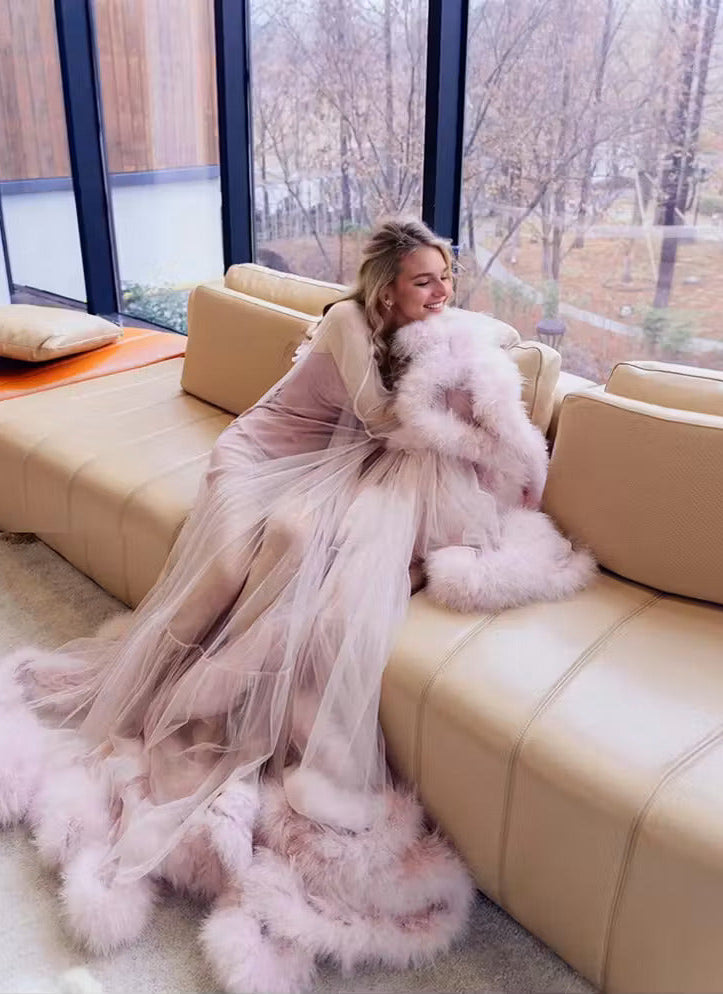 2-Layer Thick Feather Tulle Robe Set – Luxury Photoshoot / Holiday Glam Gown (Multi-Color)