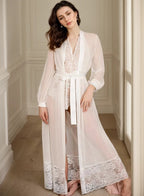 Elegant Sheer Mesh White Lace Long Bridal Robe Set SelenaHuanStudio
