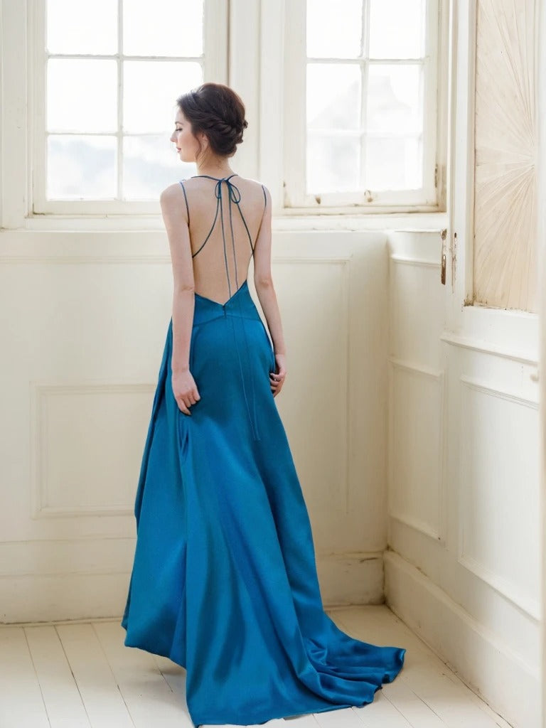 Ethereal Sapphire Blue Satin Backless Evening Gown with Thigh-High Slit SelenaHuanStudio