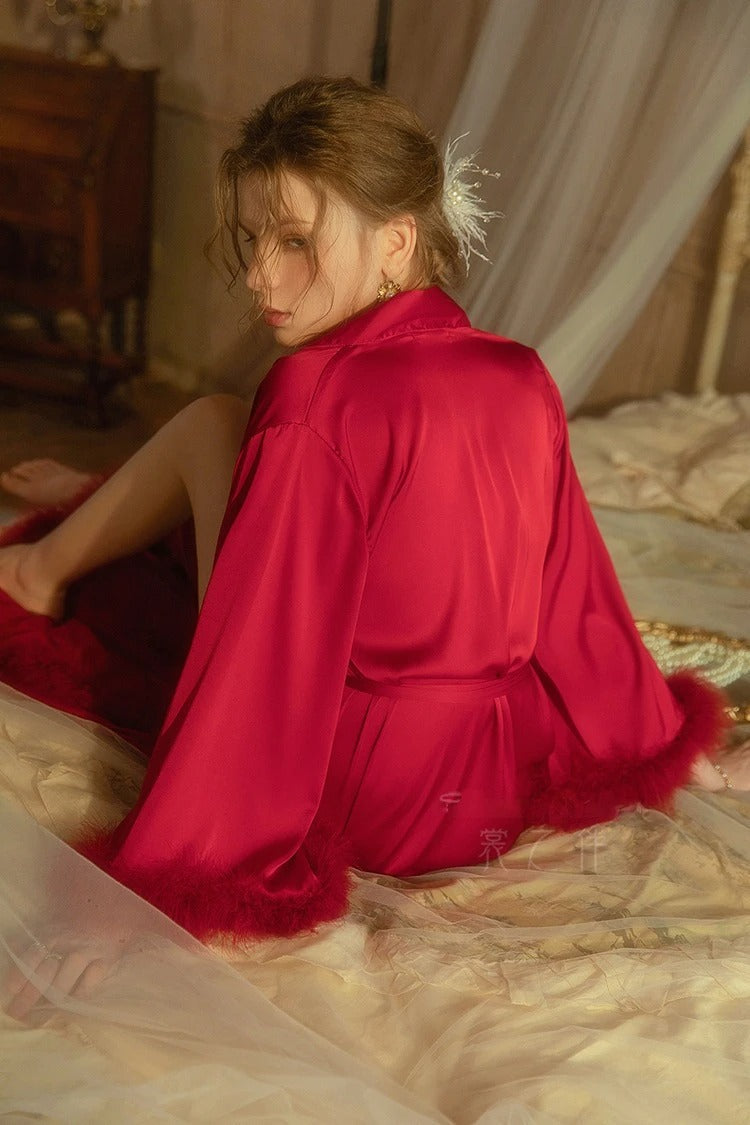 Elegant Satin Feather-Trimmed Robe & Nightdress Set - Luxury Bridal & Lounge Wear SelenaHuanStudio