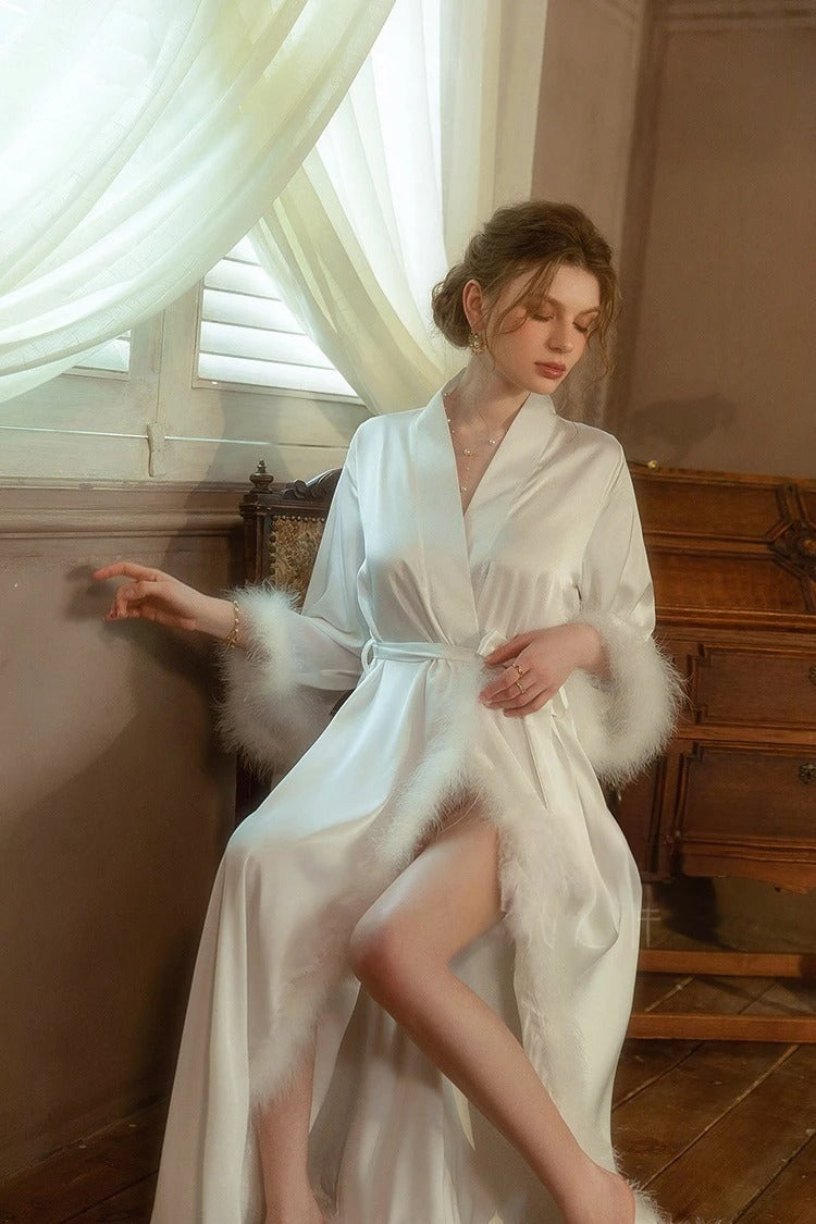 Elegant Satin Feather-Trimmed Robe & Nightdress Set - Luxury Bridal & Lounge Wear SelenaHuanStudio