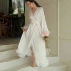 Elegant Satin Feather-Trimmed Robe & Nightdress Set - Luxury Bridal & Lounge Wear SelenaHuanStudio