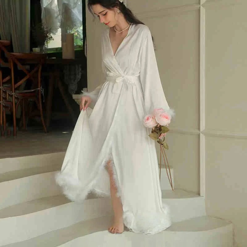 Elegant Satin Feather-Trimmed Robe & Nightdress Set - Luxury Bridal & Lounge Wear SelenaHuanStudio