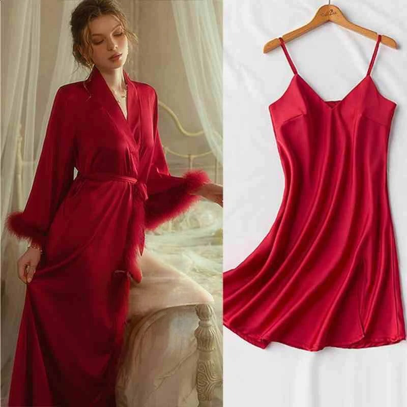 Elegant Satin Feather-Trimmed Robe & Nightdress Set - Luxury Bridal & Lounge Wear