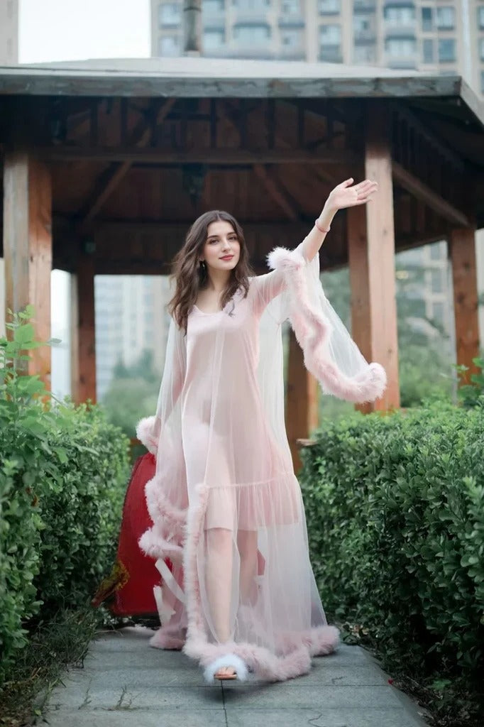 Elegant 1-Layer Thick Turkey Feather Fringe Hem Long Tulle Robe with Nightgown SelenaHuanStudio