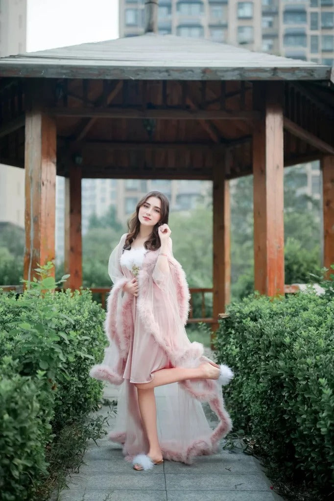 Elegant 1-Layer Thick Turkey Feather Fringe Hem Long Tulle Robe with Nightgown SelenaHuanStudio