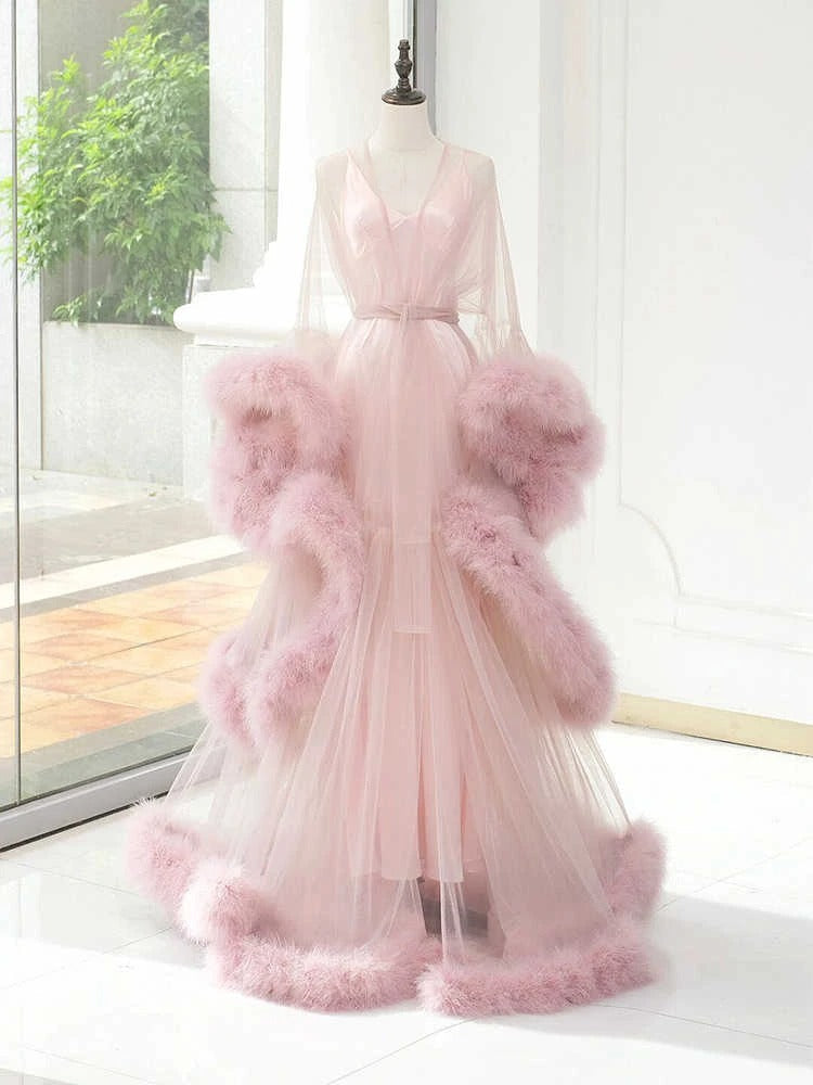 Elegant 1-Layer Thick Turkey Feather Fringe Hem Long Tulle Robe with Nightgown SelenaHuanStudio