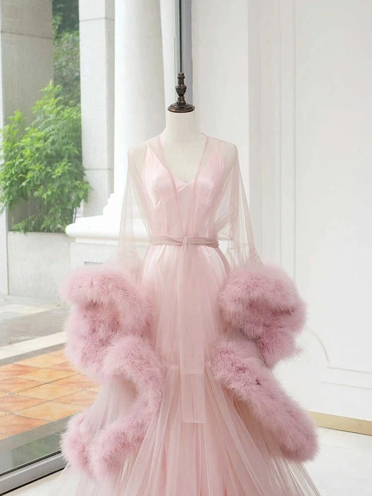 Elegant 1-Layer Thick Turkey Feather Fringe Hem Long Tulle Robe with Nightgown SelenaHuanStudio