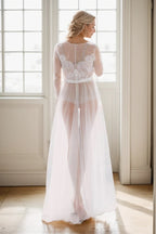 Elegant Sheer Lace Bridal Robe – Long-Sleeve See-Through Lingerie Gown SelenaHuanStudio