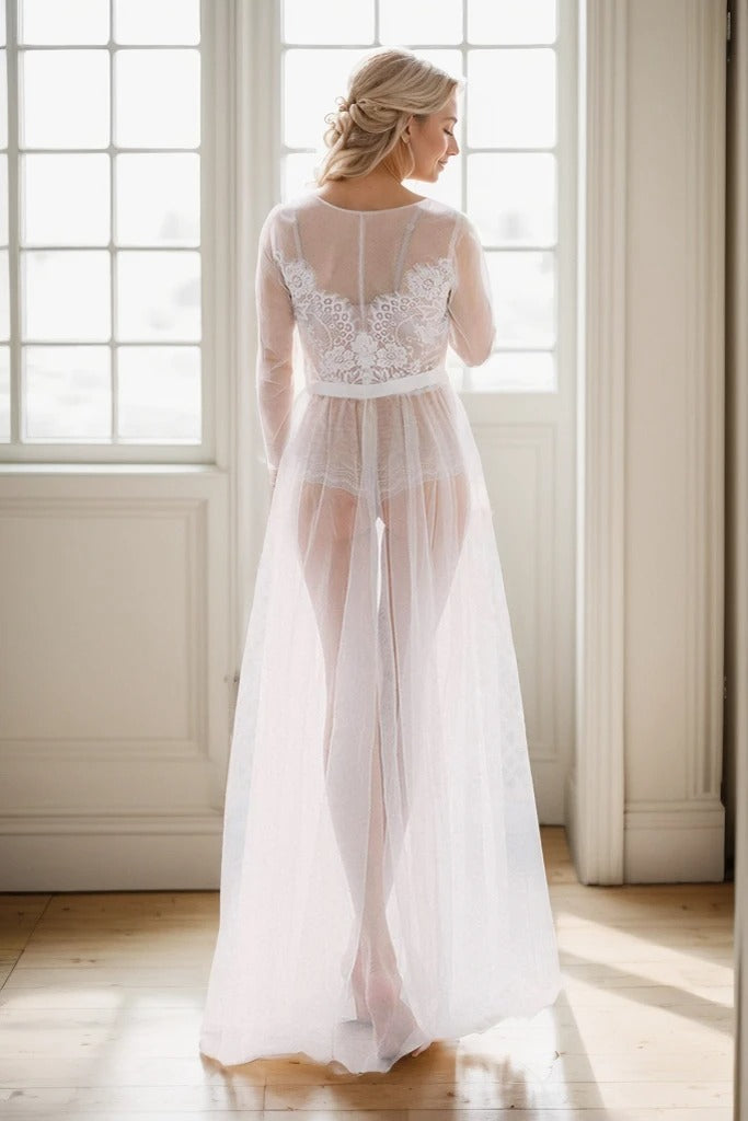 Elegant Sheer Lace Bridal Robe – Long-Sleeve See-Through Lingerie Gown SelenaHuanStudio