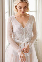 Elegant Sheer Lace Bridal Robe – Long-Sleeve See-Through Lingerie Gown SelenaHuanStudio