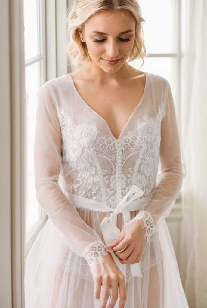 Elegant Sheer Lace Bridal Robe – Long-Sleeve See-Through Lingerie Gown SelenaHuanStudio