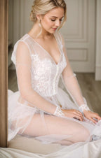 Elegant Sheer Lace Bridal Robe – Long-Sleeve See-Through Lingerie Gown SelenaHuanStudio