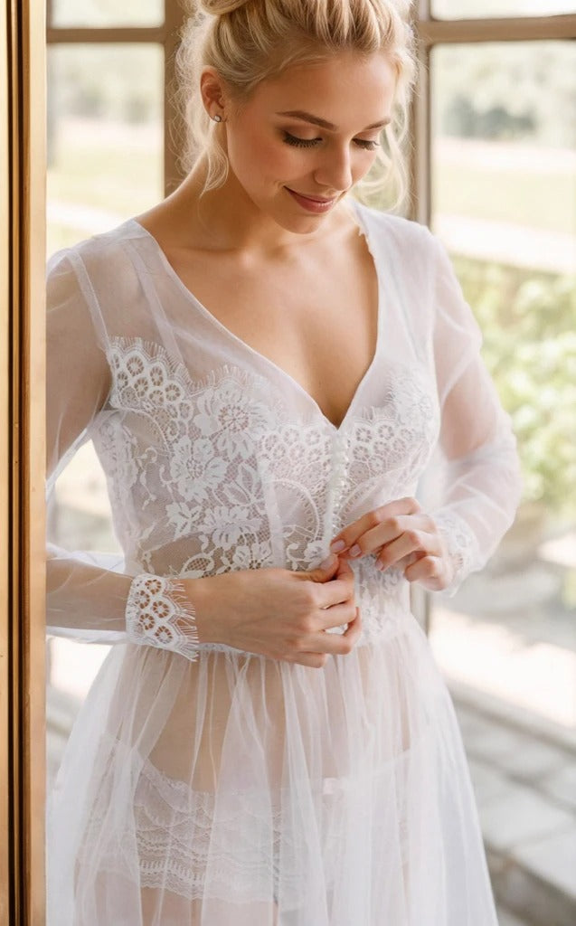 Elegant Sheer Lace Bridal Robe – Long-Sleeve See-Through Lingerie Gown SelenaHuanStudio