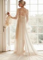 Ethereal Lace & Feather-Trimmed Sheer Bridal Robe – Vintage Luxury Loungewear SelenaHuanStudio