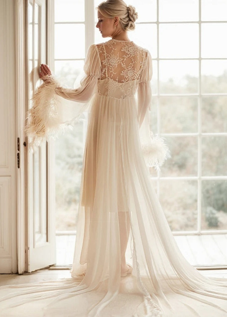 Ethereal Lace & Feather-Trimmed Sheer Bridal Robe – Vintage Luxury Loungewear SelenaHuanStudio